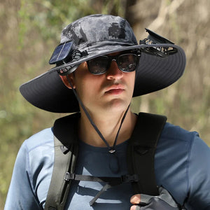 (🎉SUMMER HOT SALE)Wide Brim Solar Fan Outdoor Fishing Hat-Solar & USB Charging