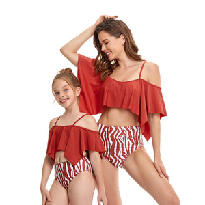 🎉Spring Sale 50% Off - Off Shoulder Top & Stripe Bottom Mommy and Me Swimsuit