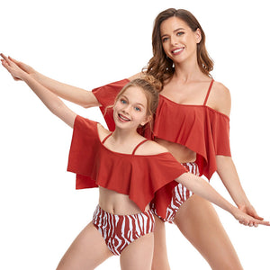 🎉Spring Sale 50% Off - Off Shoulder Top & Stripe Bottom Mommy and Me Swimsuit