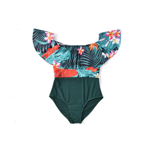 Family Matching Green Plants Printed Swimsuits