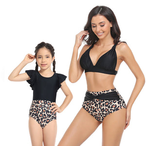 🎉Spring Sale 50% Off - Solid Top & Floral High Waist Bottom Mommy and Me Swimsuit