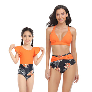 🎉Spring Sale 50% Off - Solid Top & Floral High Waist Bottom Mommy and Me Swimsuit