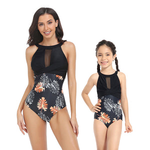 🎉Spring Sale 50% Off - Mother Daughter Swimsuits One-Piece Halter Floral Transparent Swimsuit