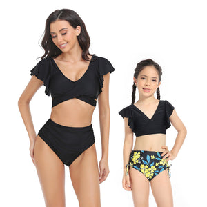 Ruffled Deep V Top & Floral Bottom Mommy and Me Swimsuit