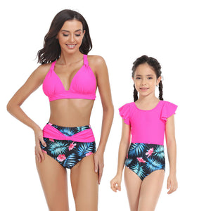 🎉Spring Sale 50% Off - Solid Top & Floral High Waist Bottom Mommy and Me Swimsuit