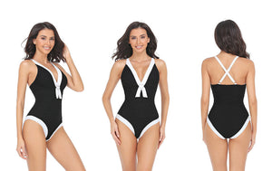 Color Block Wrap Deep V One-Piece Swimsuit